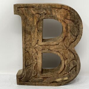 Wood Alphabet Letter Hand Carved "B" Leaf Scroll 7"x 5-1/2"  VTG India Initial